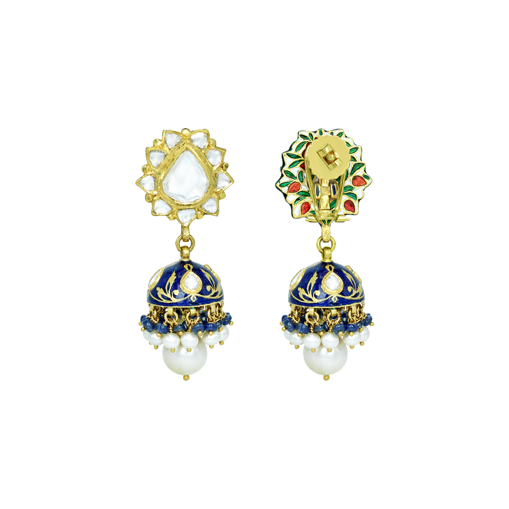 Jhumki Earrings with Blue Enamel, Polki Florals, and Pearl Details